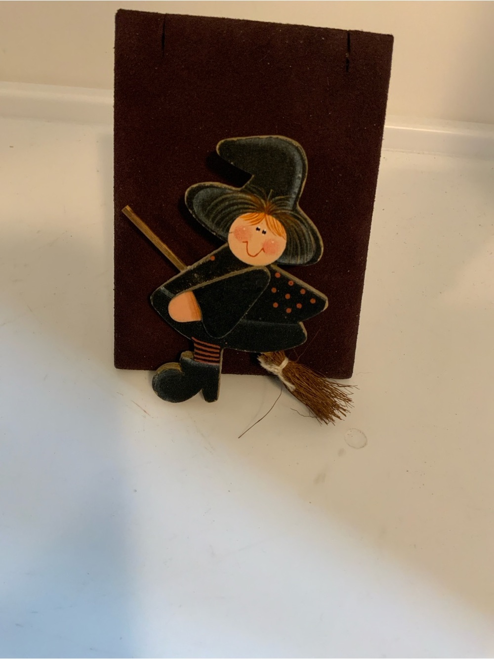 Whimsical Black Witch Brooch with Broom - Charming Costume Pin